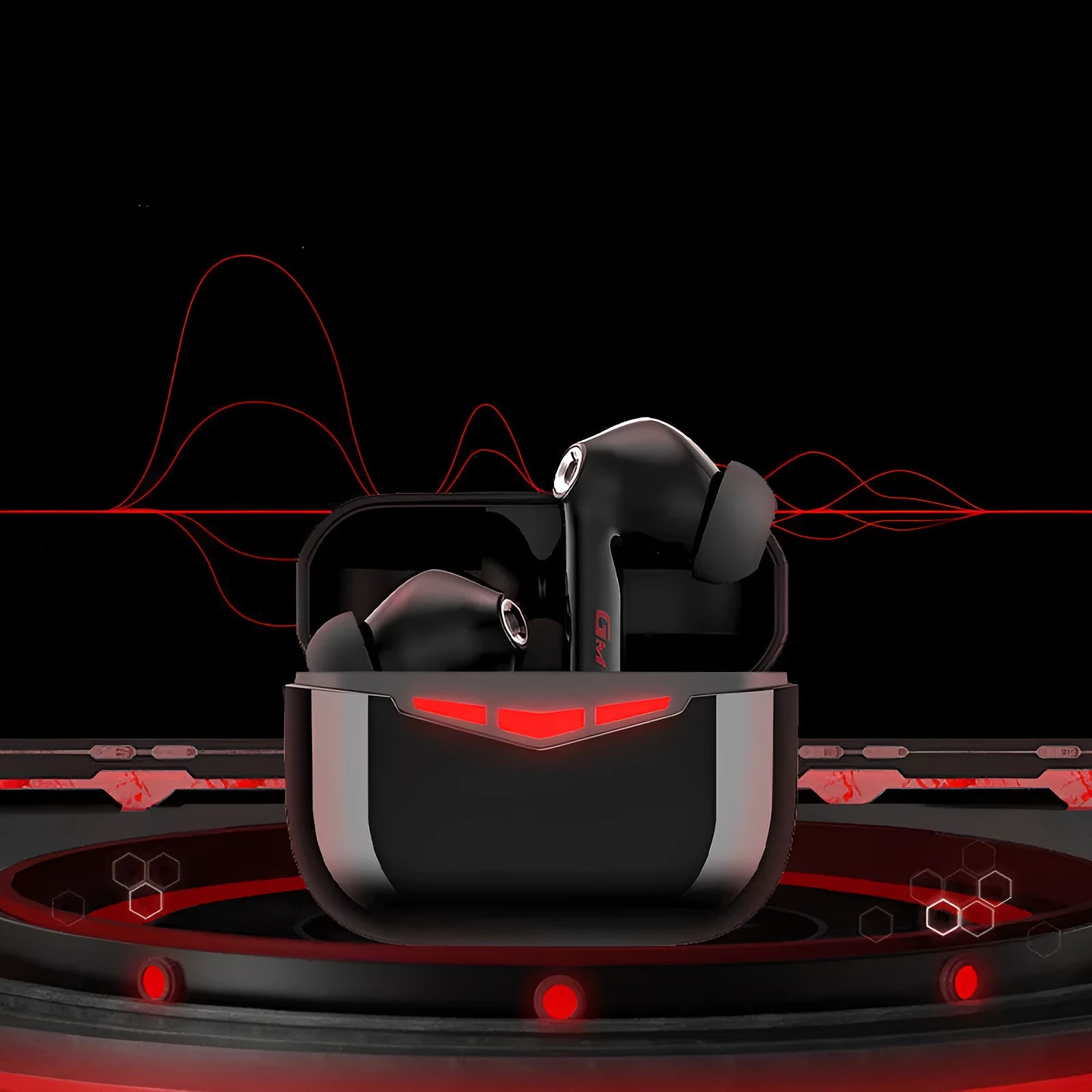 True wireless in-ear gaming headset in black with charging case and silicone eartips.