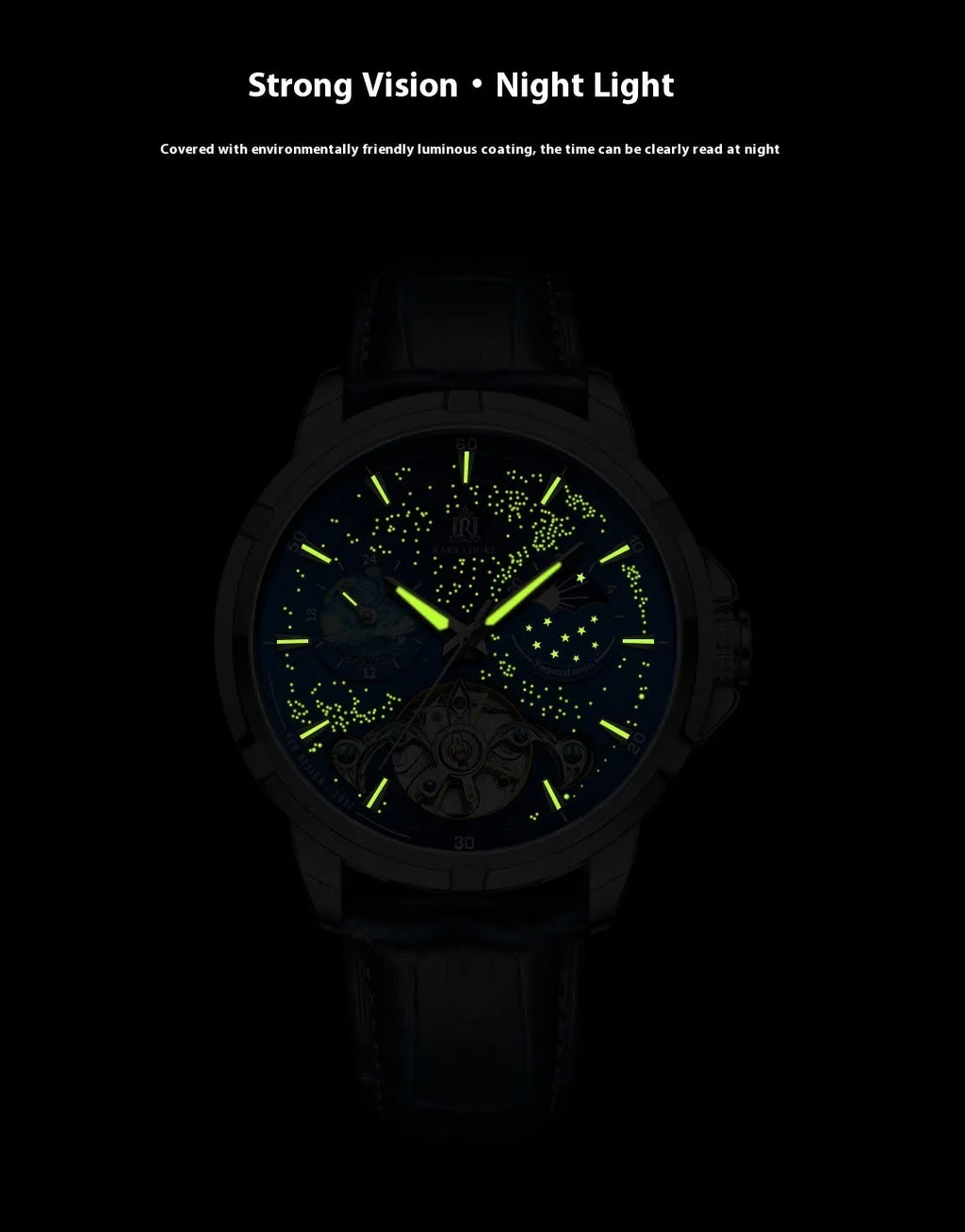 Men's automatic mechanical watch with blue dial and stainless steel bracelet showing exhibition case back