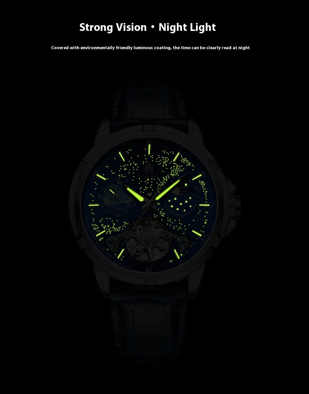 Men's automatic mechanical watch with blue dial and stainless steel bracelet showing exhibition case back