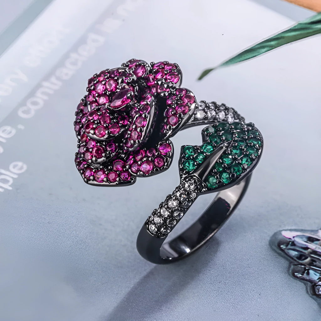 Black gold geometric floral women's ring with simulated red corundum stones