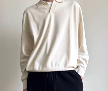 Men's pure wool polo sweater with lapel collar in milky white and navy blue colours