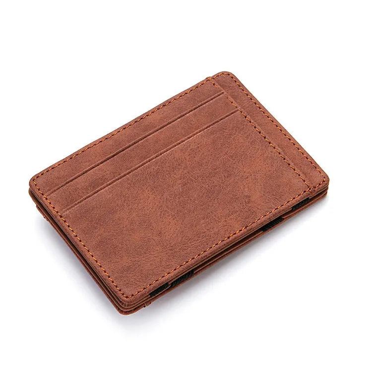 Short style PU leather magic flip wallet with zipper coin purse in black, blue, brown, light grey, or purple.