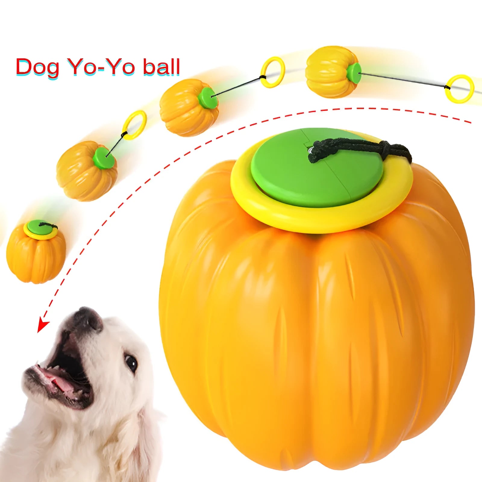 Green, orange, and yellow Halloween pumpkin-shaped dog ball toy with squeaker for small dogs.