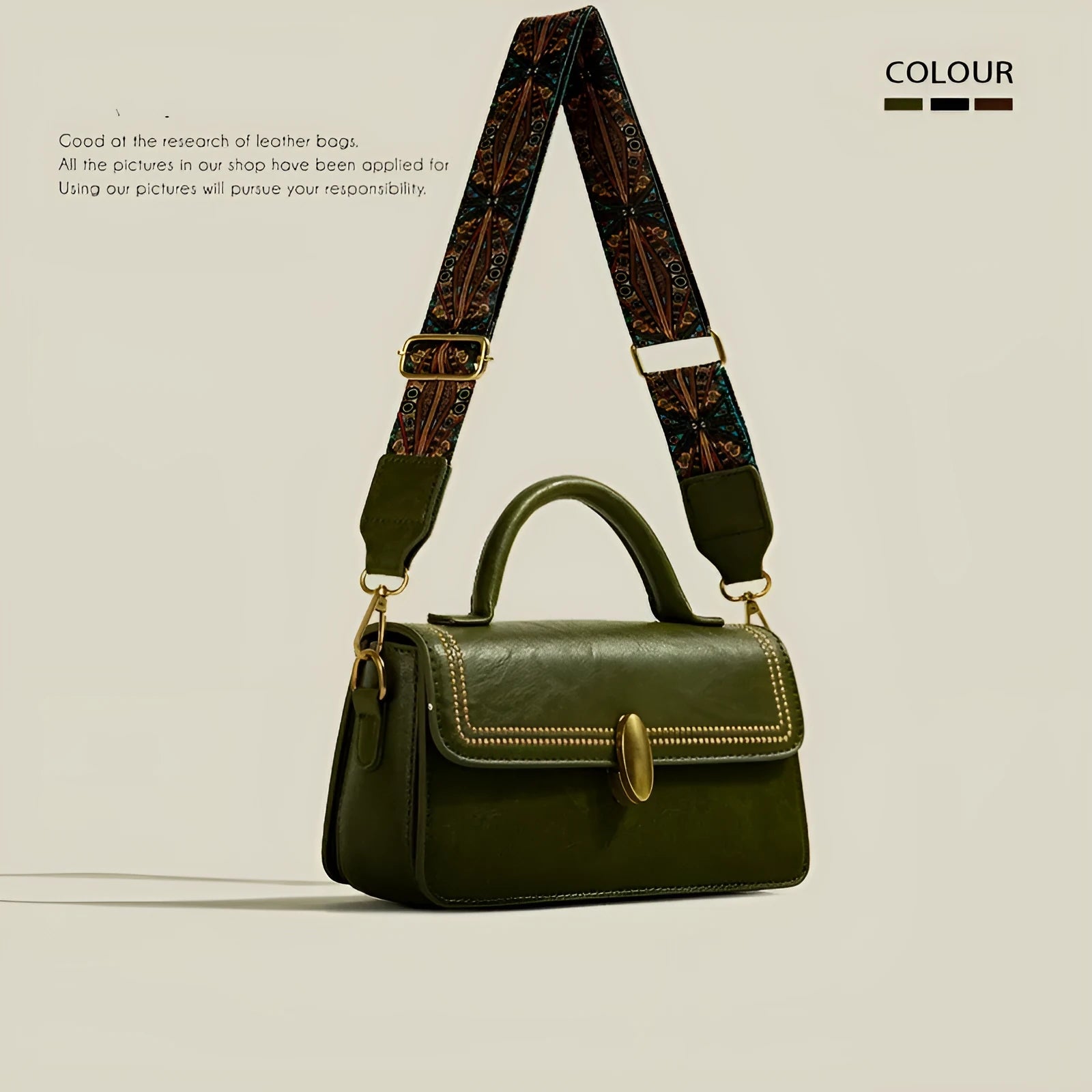 Women's brown retro texture messenger bag showing square vertical shape and sewing thread details