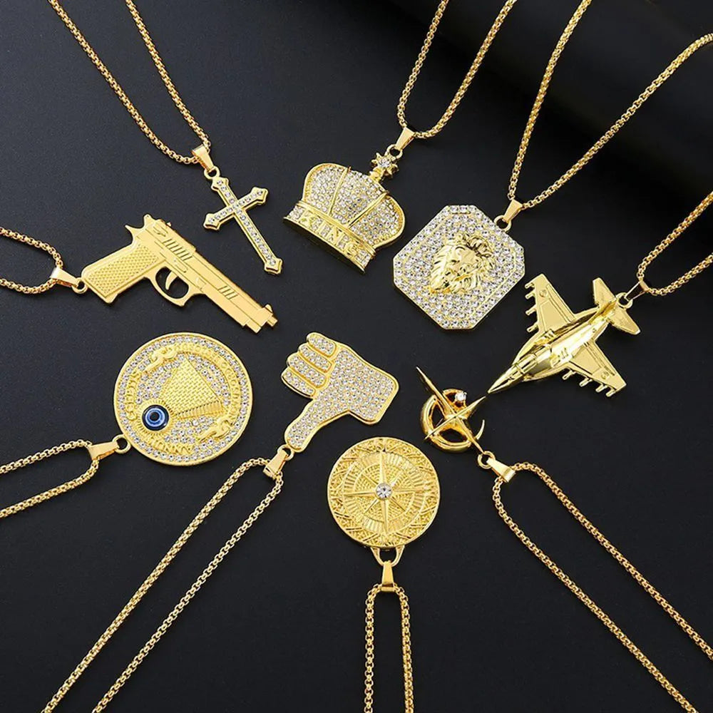 Geometric gold-colour alloy pendant necklace with an inlaid zircon stone centrepiece.
