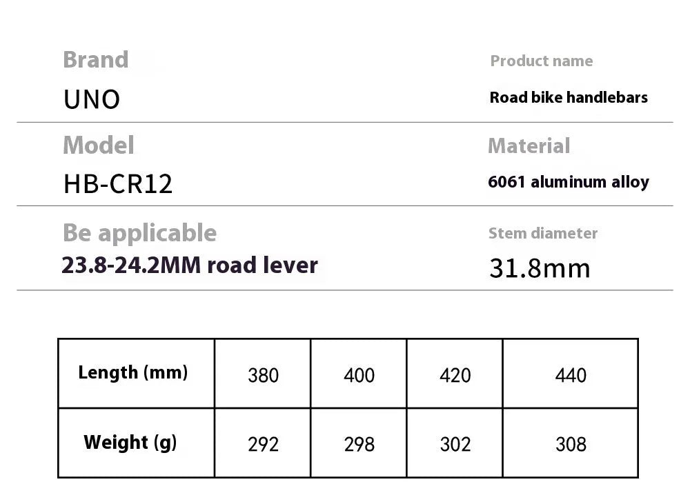 Black aluminium alloy road bike bent handlebar shown with four width size options: 380mm, 400mm, 420mm, and 440mm.
