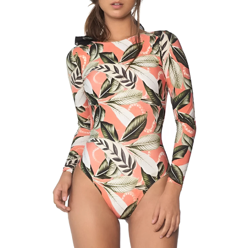 Women's leaf print backless one-piece swimsuit for swimming sports