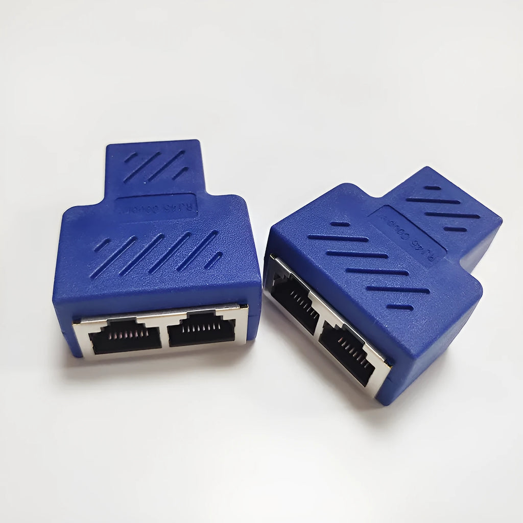 RJ45 network cable splitter adapter showing tee-shaped design with one input and two output ports