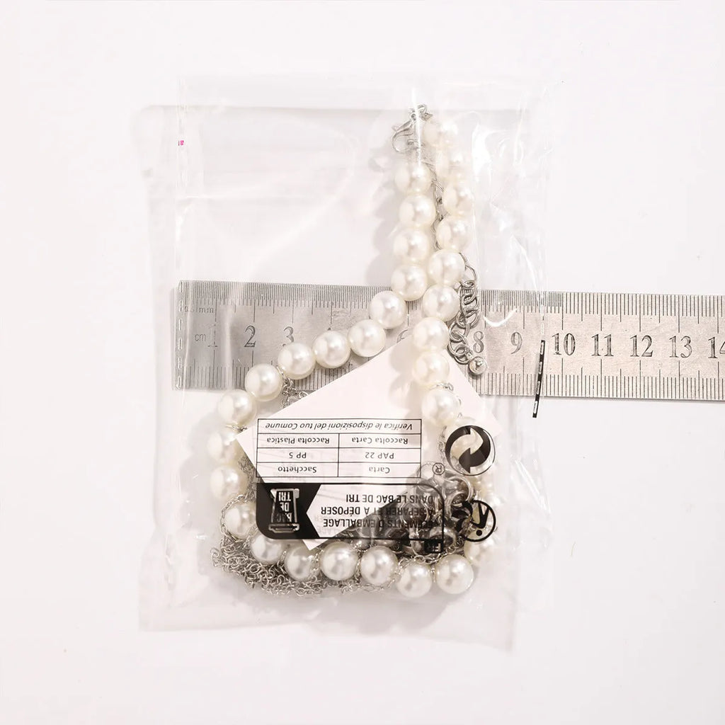 Double-layer retro necklace with imitation pearls, geometric iron pendant, tassel chain, and ball bead chain in White K finish