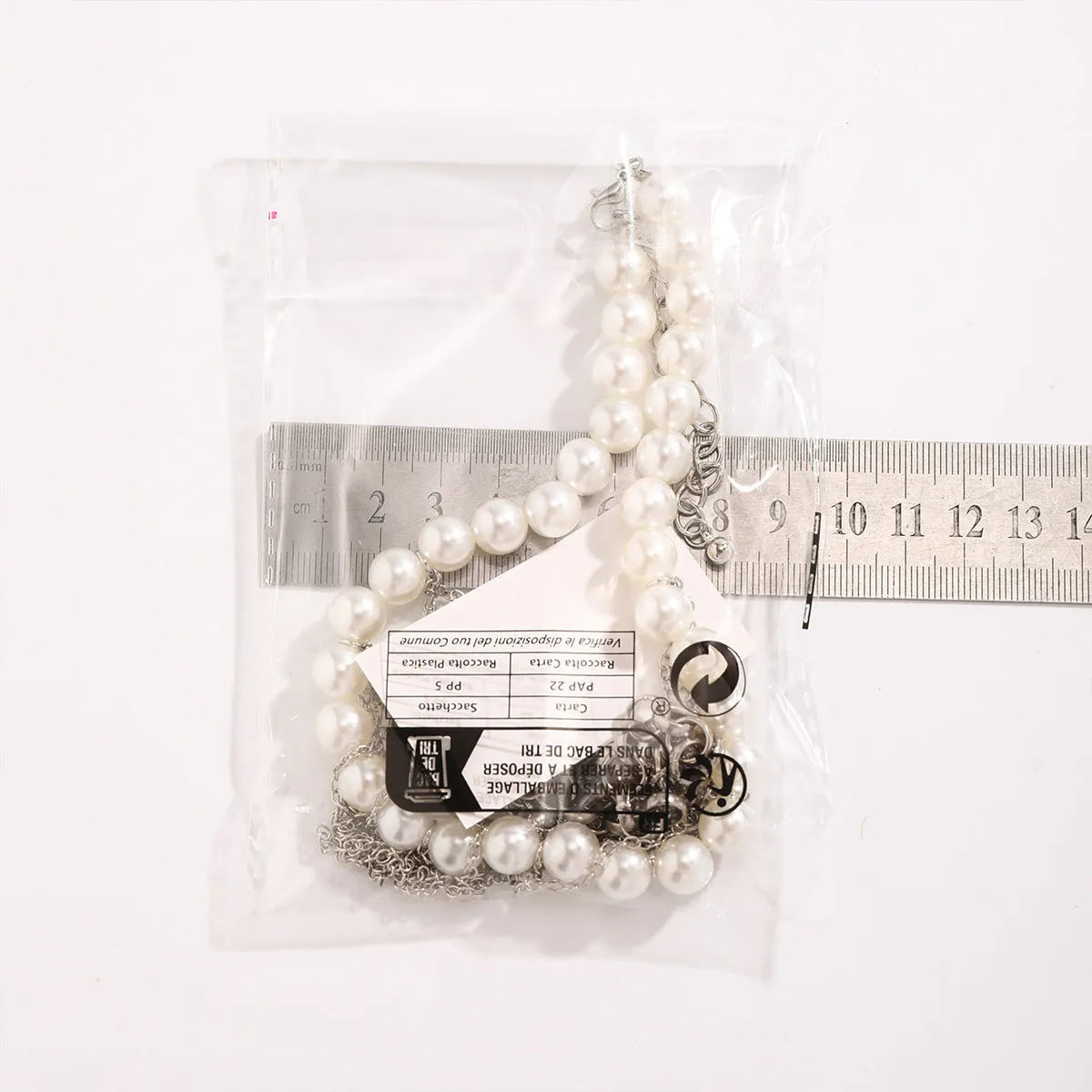 Double-layer retro necklace with imitation pearls, geometric iron pendant, tassel chain, and ball bead chain in White K finish