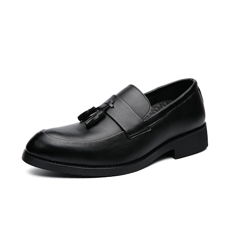 Men's black slip-on business casual leather shoes with tassel detail and rubber sole