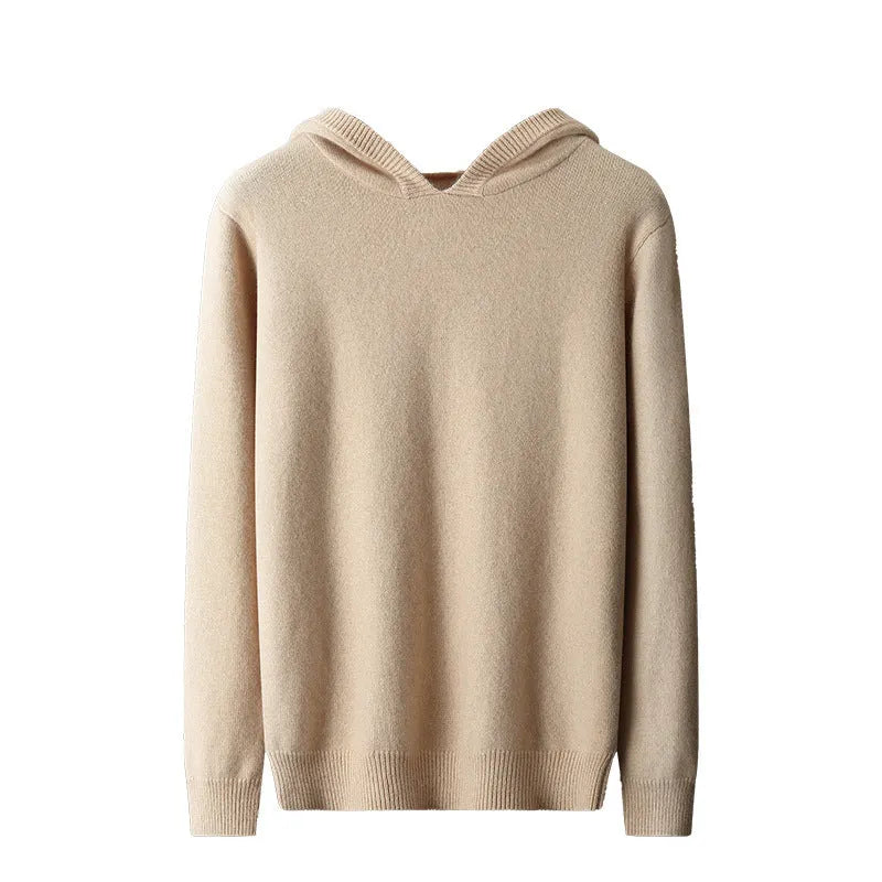 Men's cashmere hooded thickened sweater in loose fit, solid black colour, long sleeve winter pullover