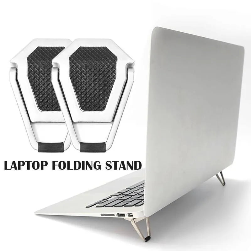 Silver aluminium folding laptop bracket showing compact 4.8cm x 3.5cm dimensions with adhesive backing