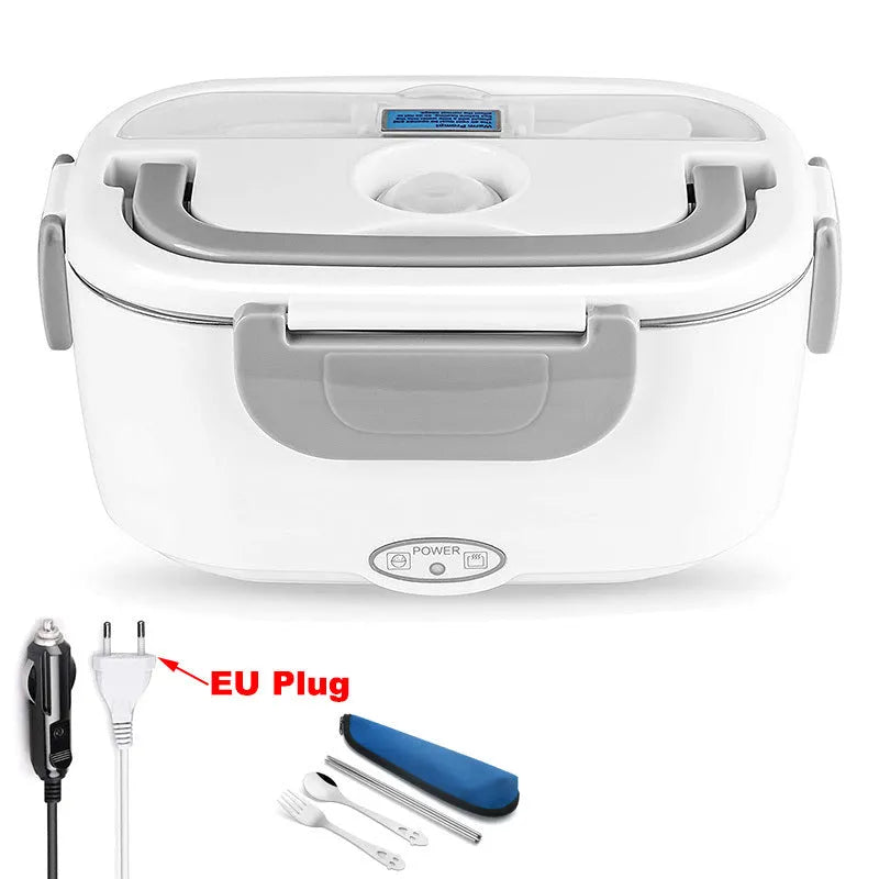 Grey dual-power electric lunch box with heating function for car and home use