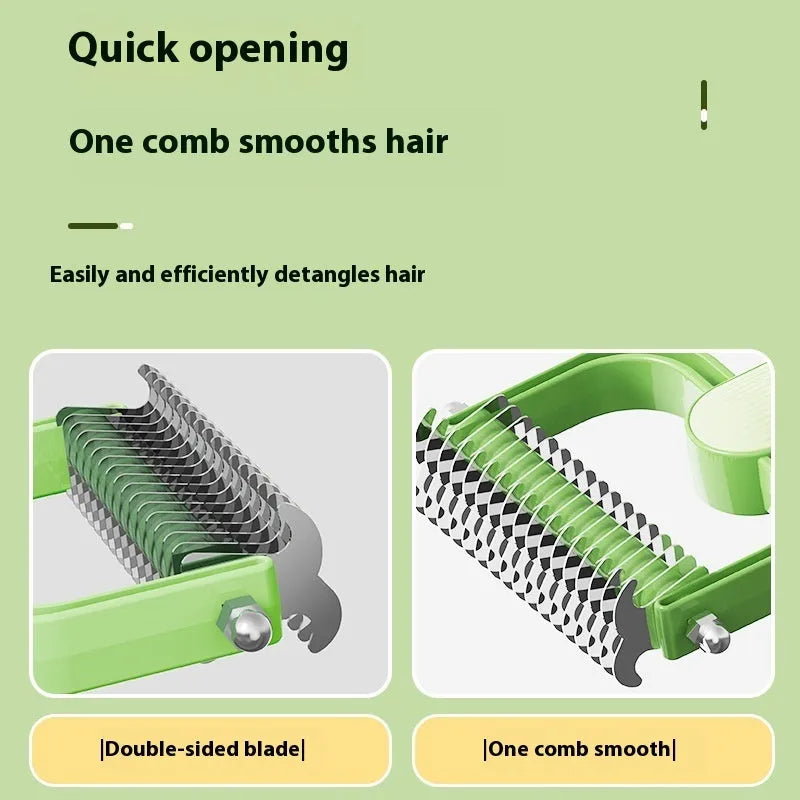Green and grey dog detangling comb with stainless steel teeth on a PP plastic handle, shown in small and large sizes.