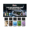 Car air freshener vent clip refill pack showing five 10ml fragrance cartridges in cologne, ocean, vanilla, lavender and citrus scents
