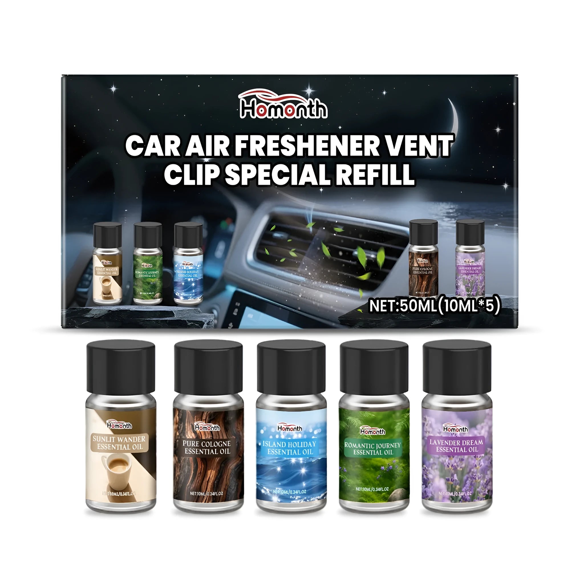Car air freshener vent clip refill pack showing five 10ml fragrance cartridges in cologne, ocean, vanilla, lavender and citrus scents