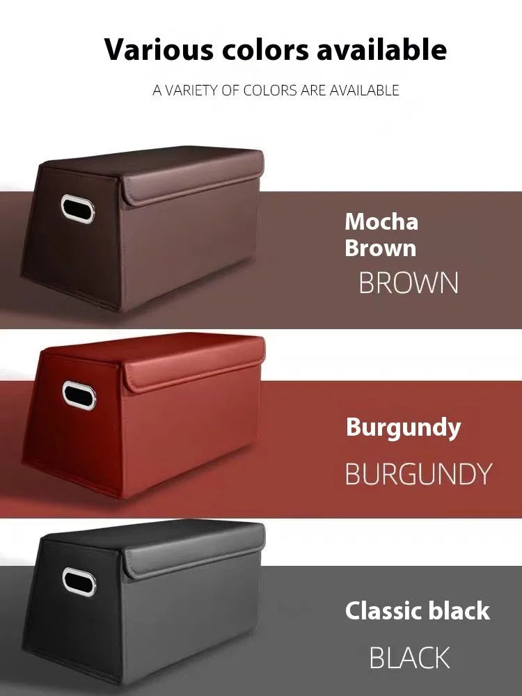 Folding car trunk storage organiser in waterproof leather, available in black, brown, and wine red colours with medium and small size options.