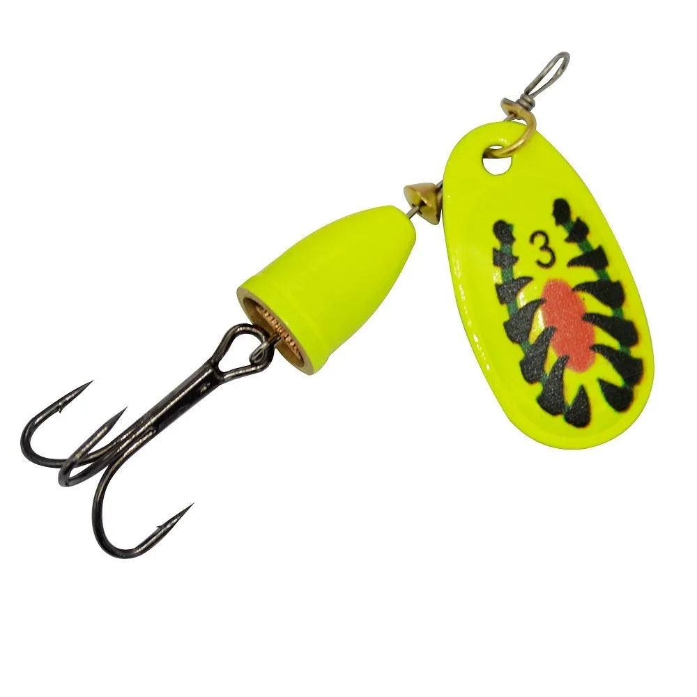 Metal fishing lure with rotating sequins and copper bell in multiple colour options including yellow green and gold mesh