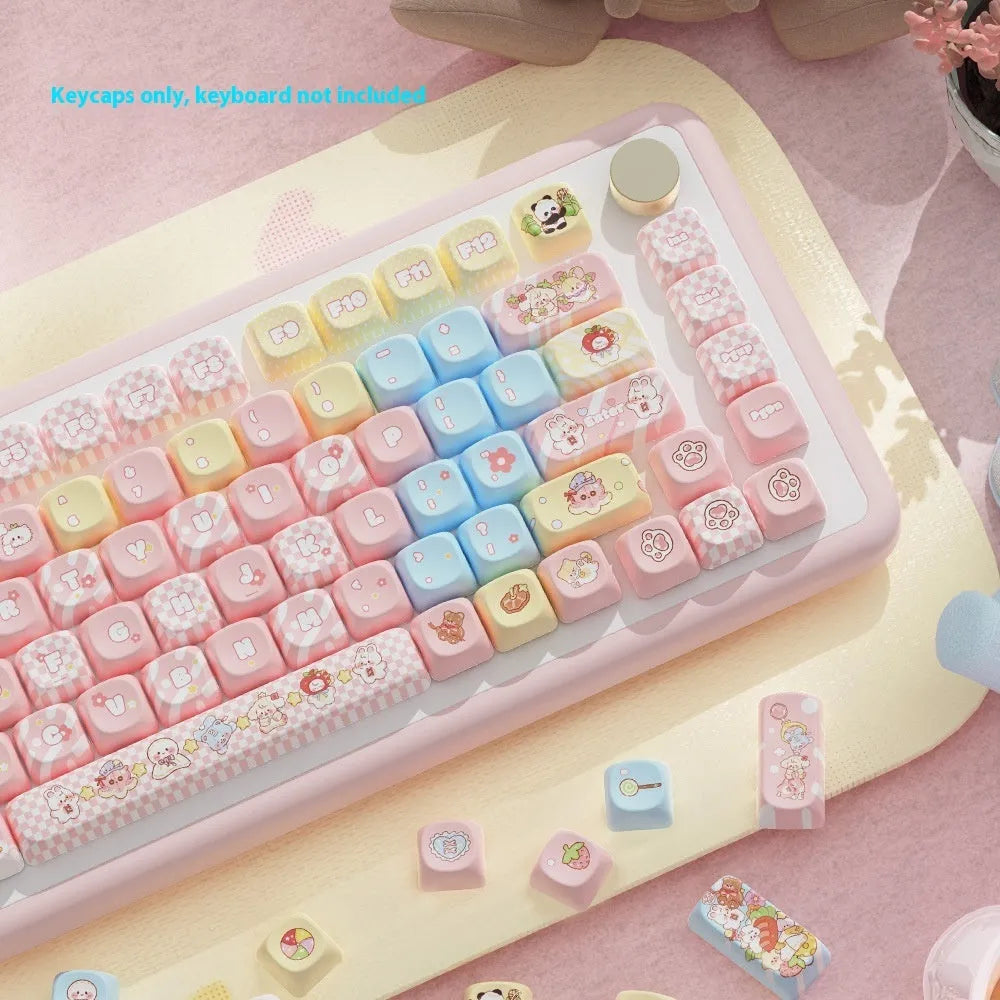 Full set of Doll character themed mechanical keyboard keycaps with sublimation printing laid out.