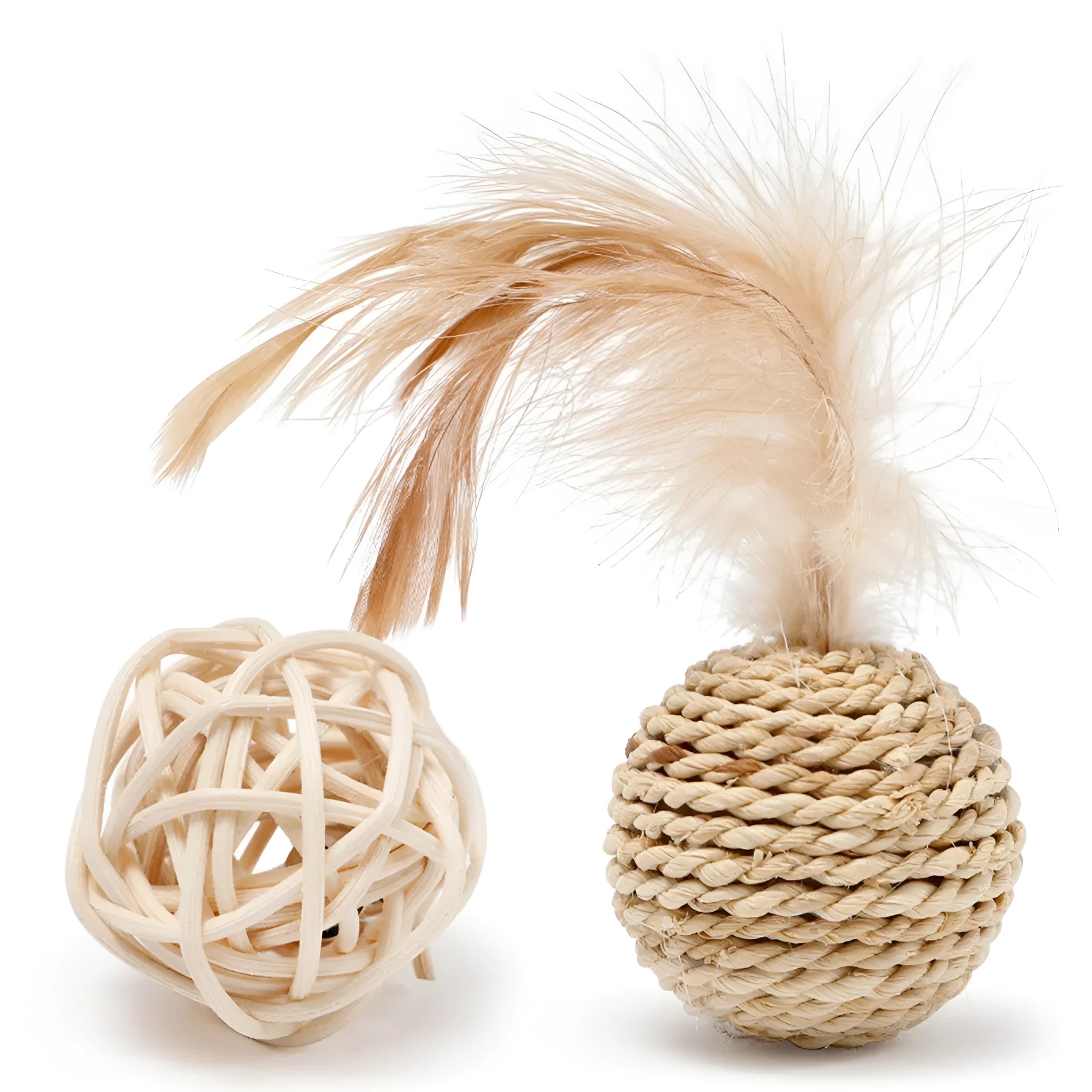 Set of two cat toys: a hollow rattan ball and a faux feather ball with bell, on a plain background.