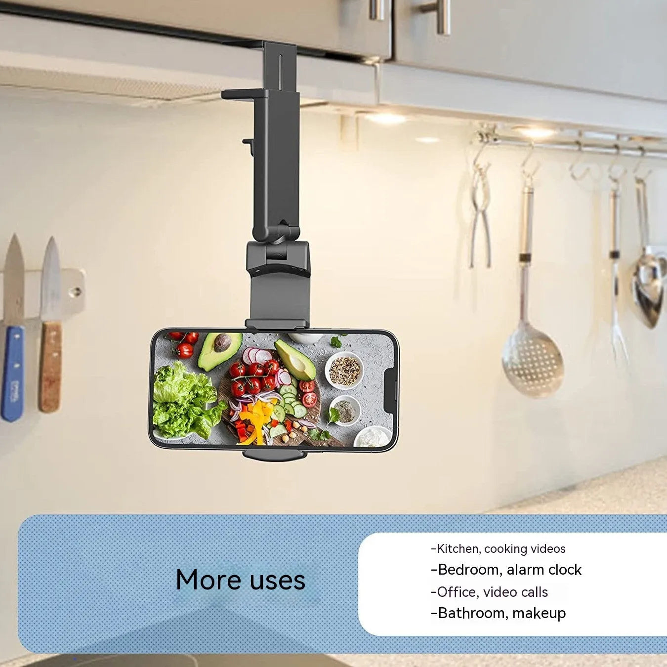 Foldable rotating phone holder in black with mobile phone attached showing adjustable angle mechanism
