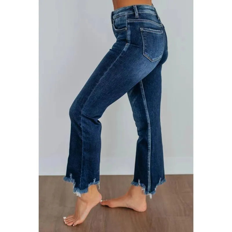 Women's solid colour casual denim jeans with hand-worn distressing in dark blue