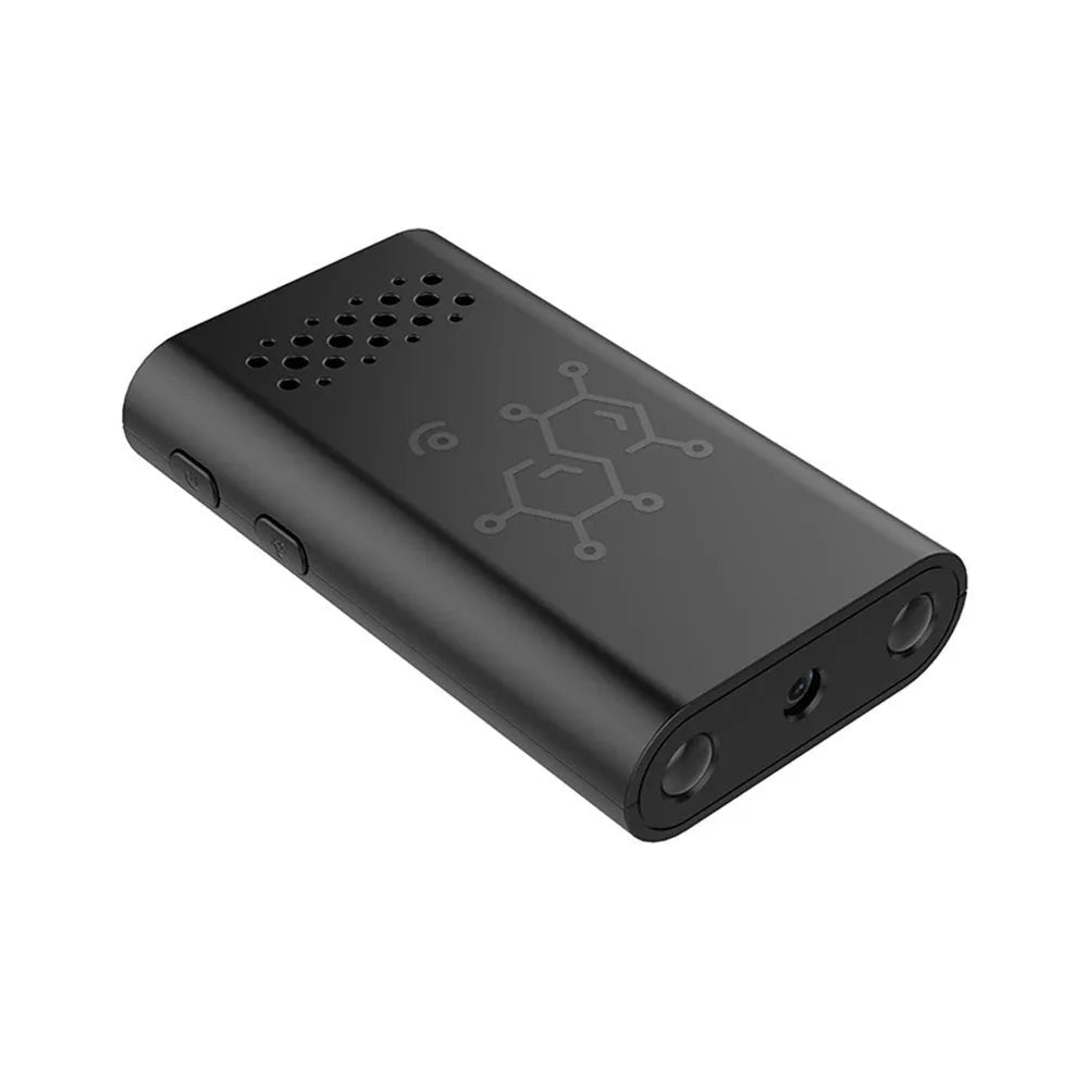 Black WiFi security camera with mobile phone showing live video feed for indoor monitoring
