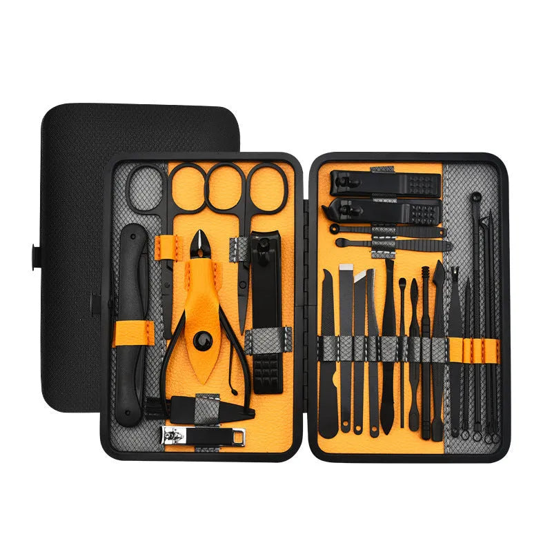 Red 36-piece manicure nail care kit with stainless steel tools in a PU leather case