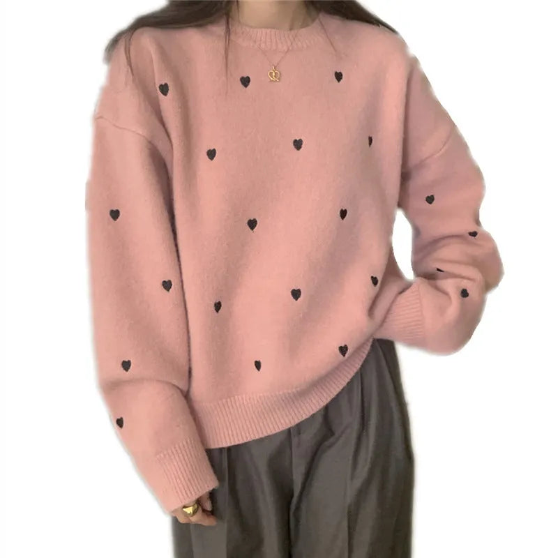 Beige women's acrylic pullover sweater with embroidered love pattern and loose fit