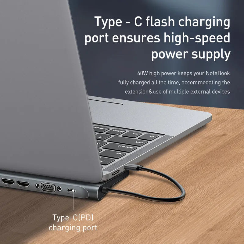 Aluminium ten-port laptop docking station and cooling hub showing HDMI, USB, and Ethernet ports.