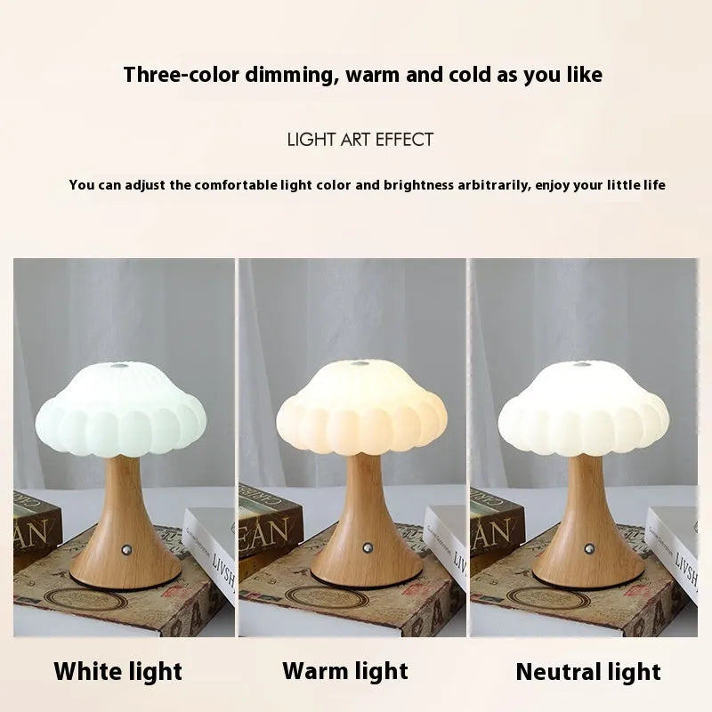 Wood grain coloured mushroom-shaped touch lamp with USB charging port on a table