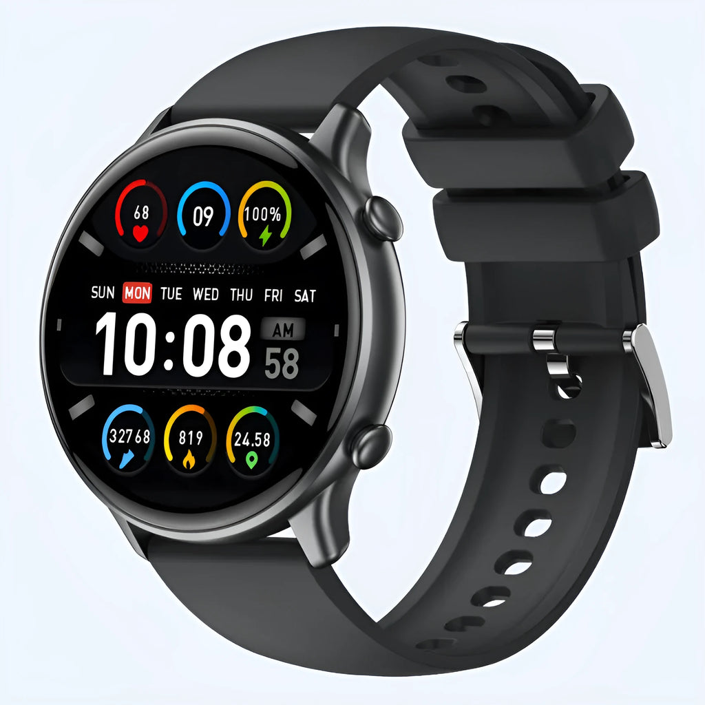 Round smart sports watch with touch screen, heart rate monitor, and silicone strap in black, blue, or pink