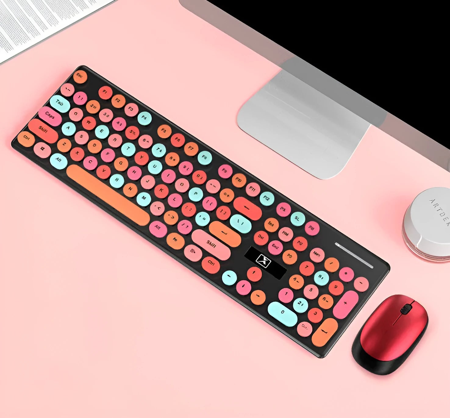 Vibrant yellow wireless keyboard and mouse set with backlit keys and optical sensor