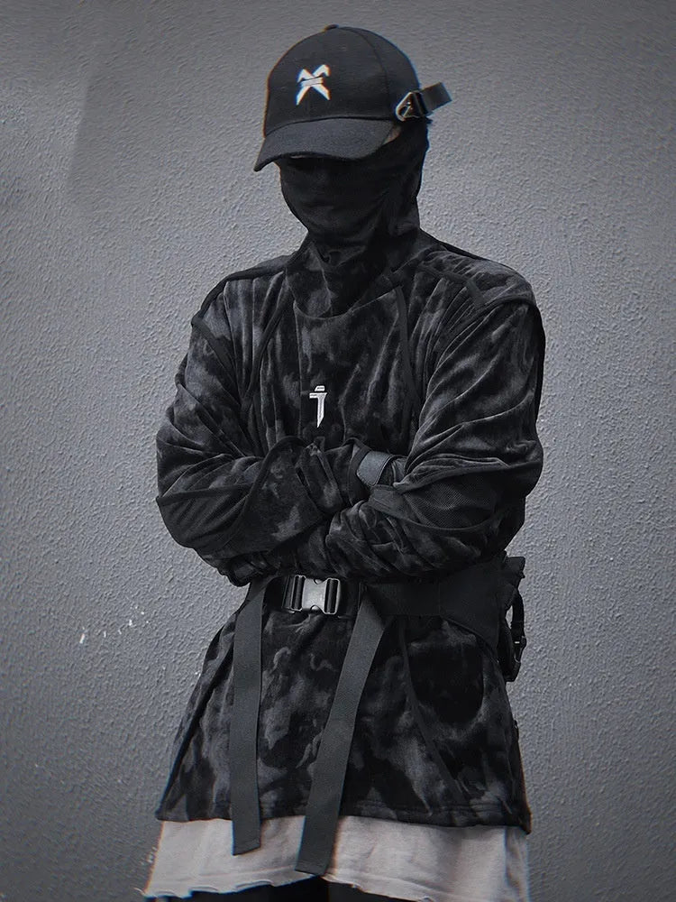 Men's black and grey tie-dye printed finger turtleneck sweater with drop shoulders and long sleeves.