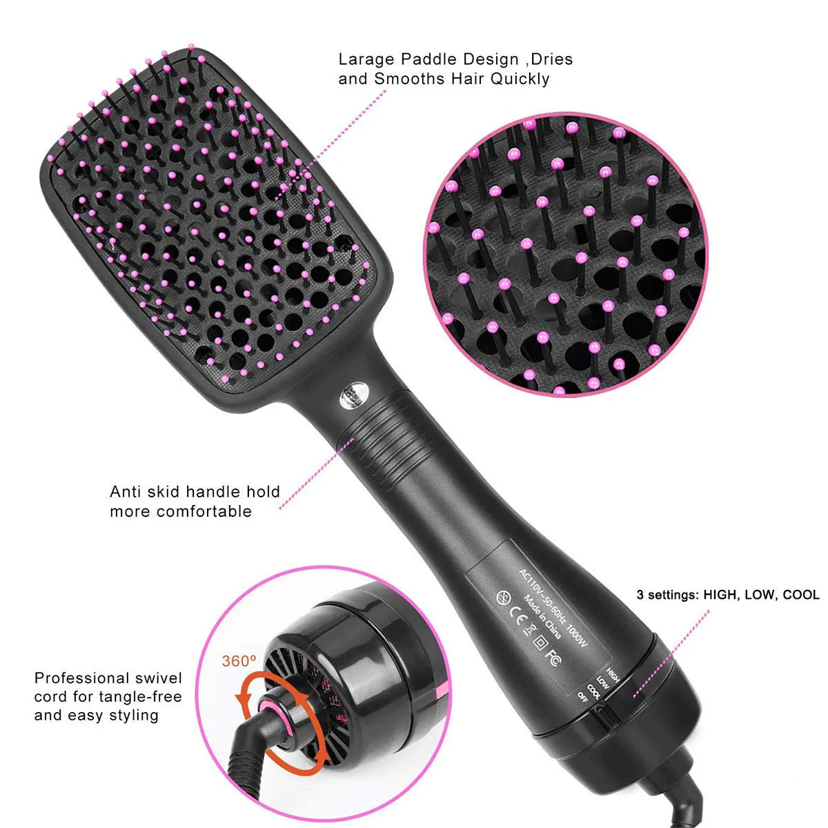 Black 2-in-1 electric hair dryer comb straightener with temperature control and alloy heat conductor