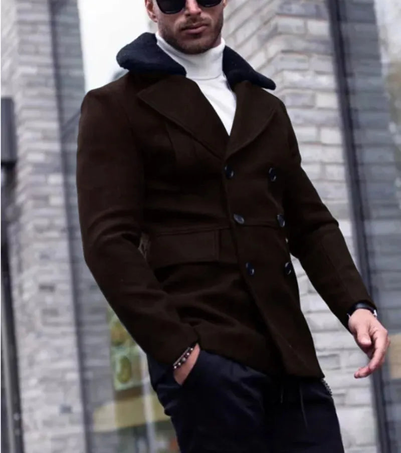 Men's fur collar coat in woolen blend, British style, available in Black and Army Green