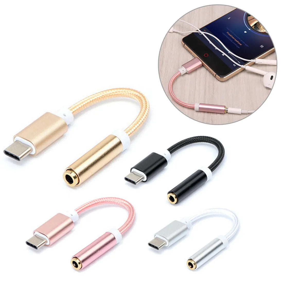 TYPE-C to 3.5mm audio adapter cable with woven nylon 12cm cable in black silver gold rose gold colours