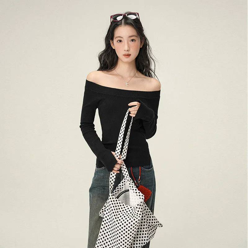 Women's soft knit oblique shoulder pullover sweater slim fit solid colour top in grey