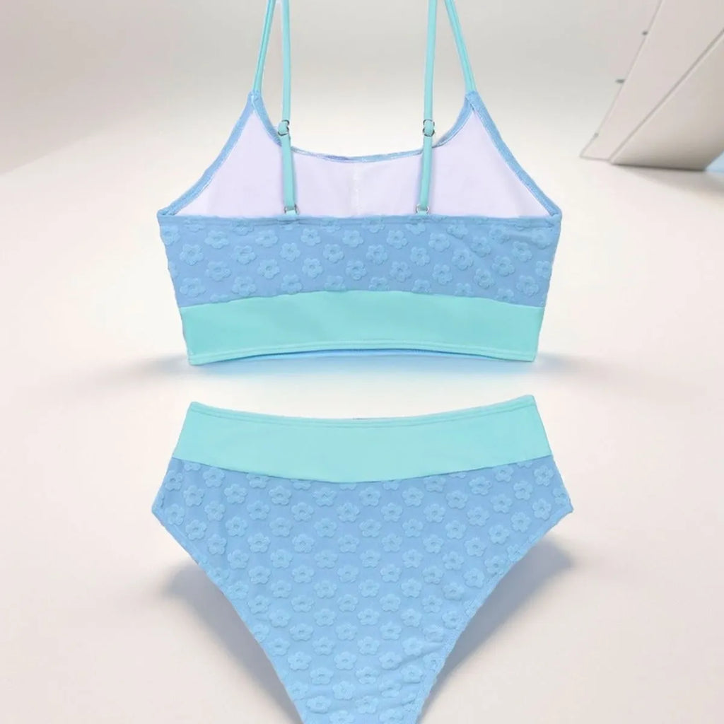 Women's colour matching bikini swimsuit in solid blue high waist backless polyester for swimming sports