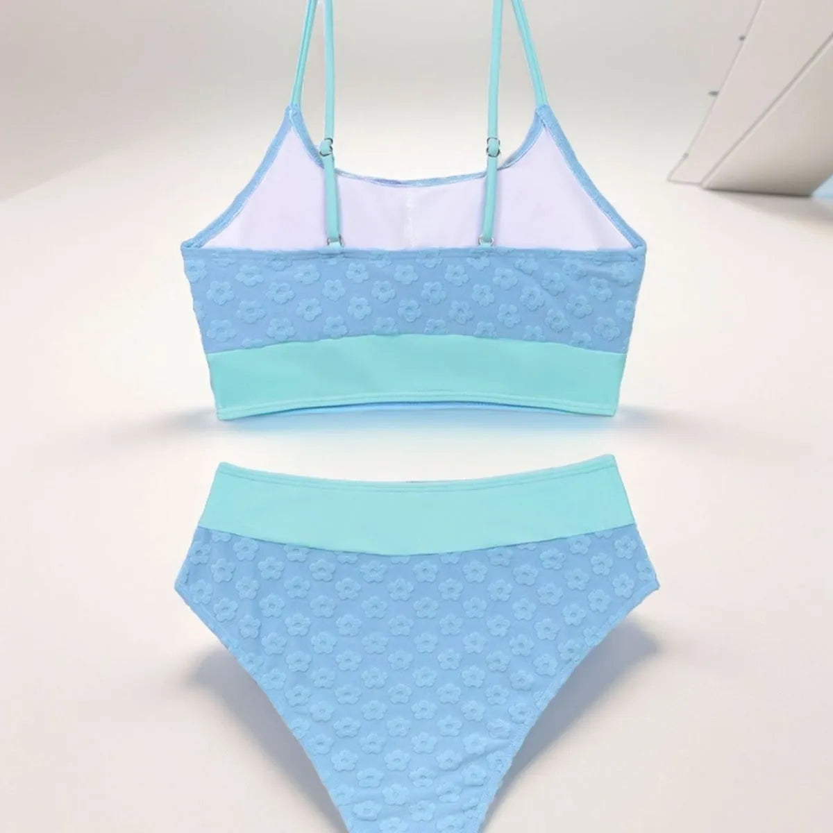 Women's colour matching bikini swimsuit in solid blue high waist backless polyester for swimming sports
