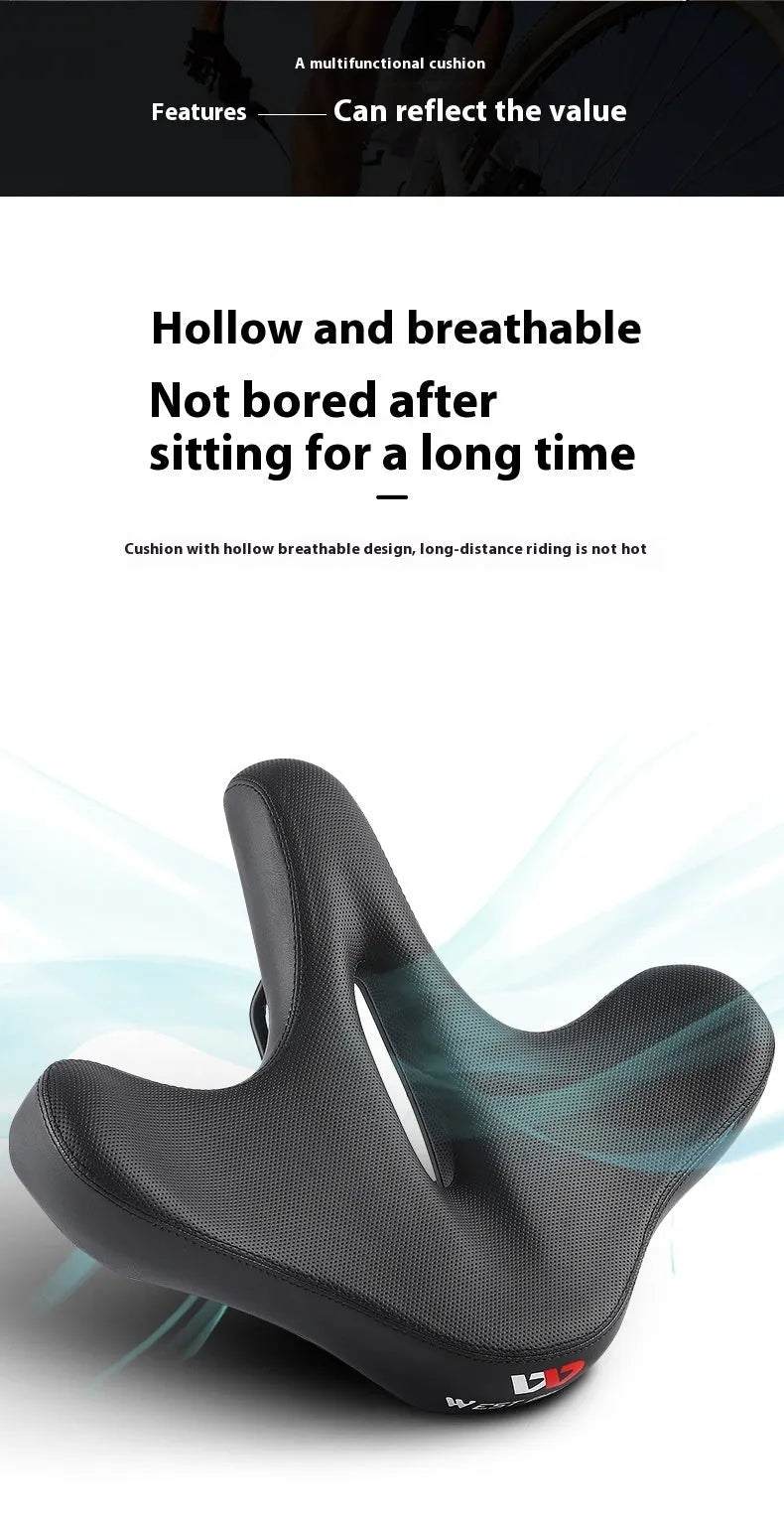 Black leather bicycle saddle cushion with polyurethane foam padding for shock absorption.