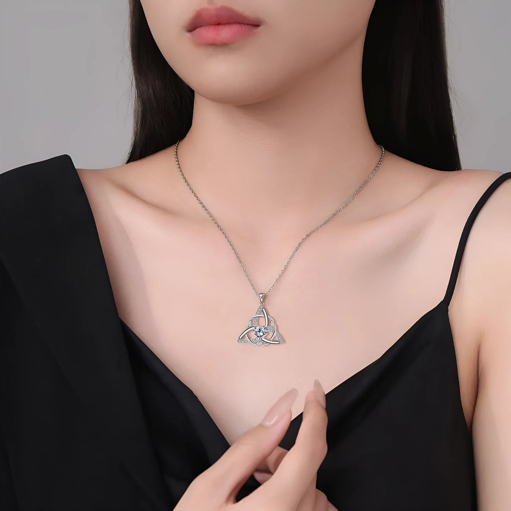 Geometric Celtic knot copper necklace for women showing blue electroplated colour option.
