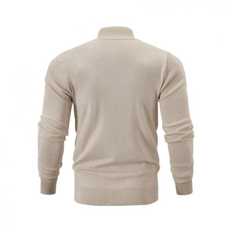 Men's loose fit cotton zip-up sweater with a stand collar in a solid colour