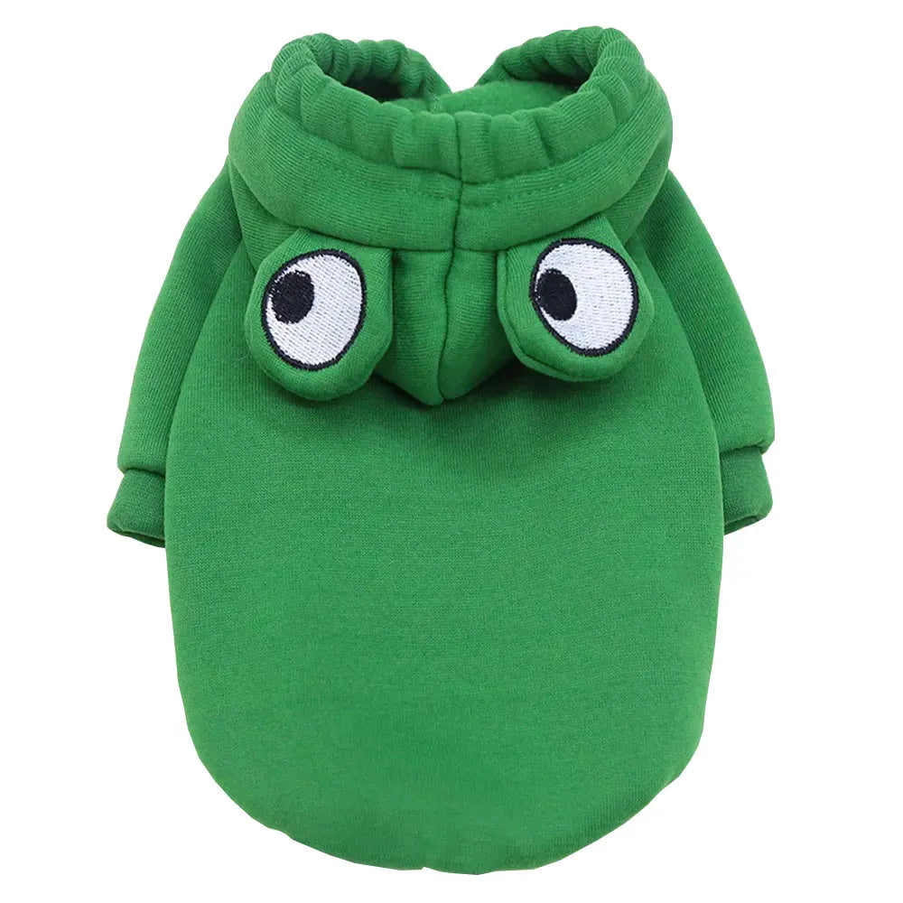 Green frog pattern hoodie for a small dog, showing hood with pointed ears and front pocket.