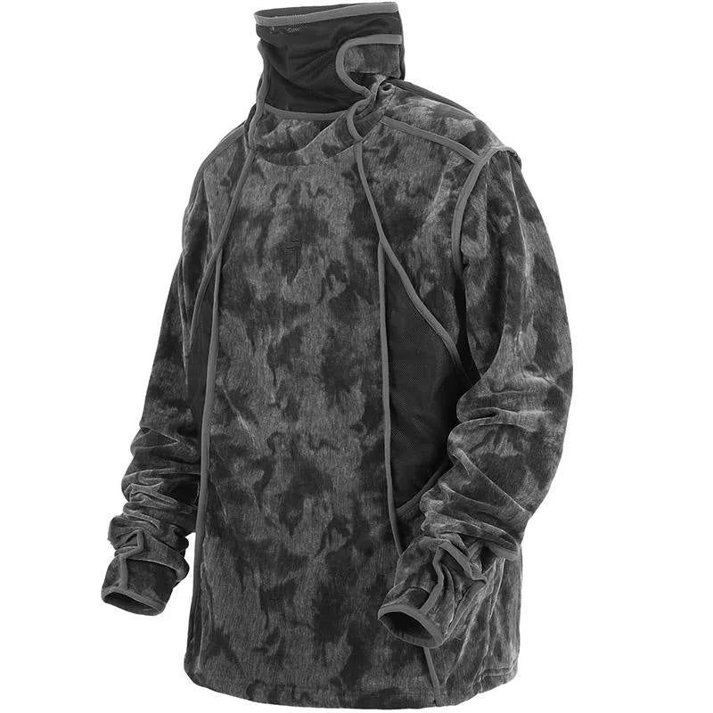Men's black and grey tie-dye printed finger turtleneck sweater with drop shoulders and long sleeves.