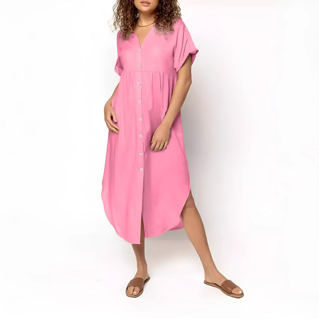 Mid-length casual dress with button front in solid colour, showing loose Japanese Korean fit