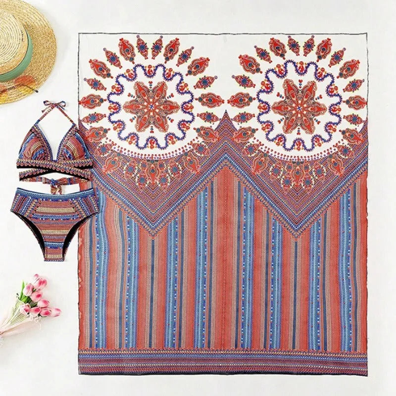 Women's three-piece swimsuit set with cutout blouse, high-waist briefs, and matching beach coat