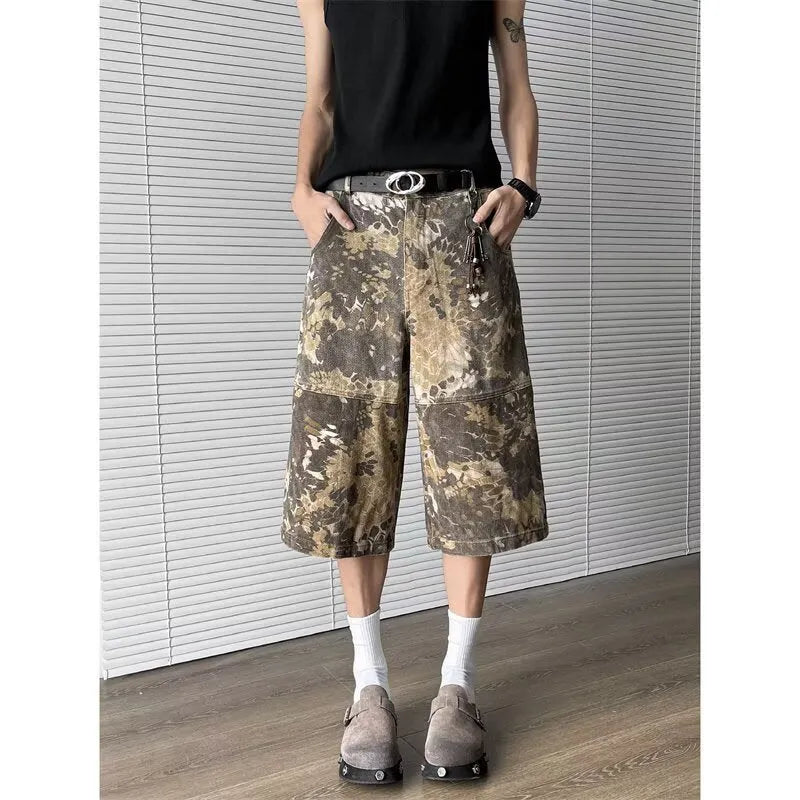 Women's yellow camouflage jeans with snake pattern tooling and cropped leg design