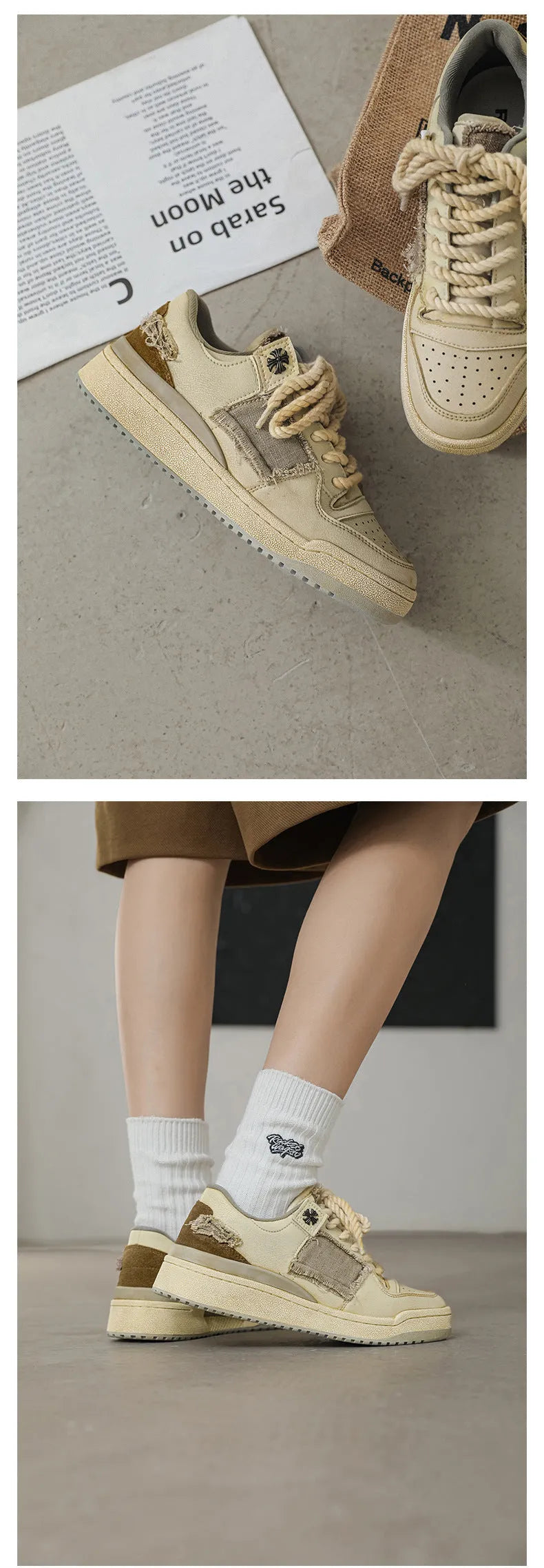 Beige low-top vintage skate shoes with lace-up front and rubber sole.
